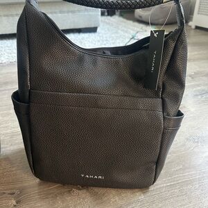 Tahari black leather bag, brand new with tags